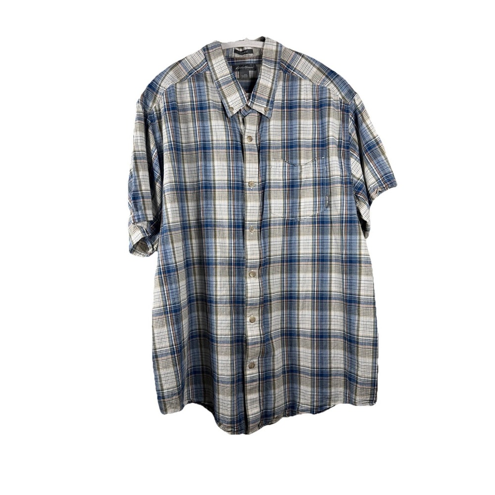 Eddie Bauer Mens Button Down Shirt Size 2XL Classic Fit Blue Plaid Short Sleeve